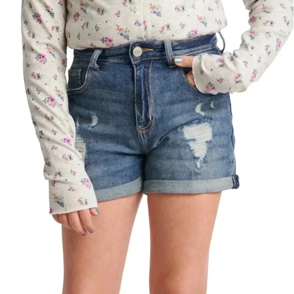 Justice Girls Mini Mom Destroyed Blue Denim Shorts Size 12 Cuffed Hem Pockets